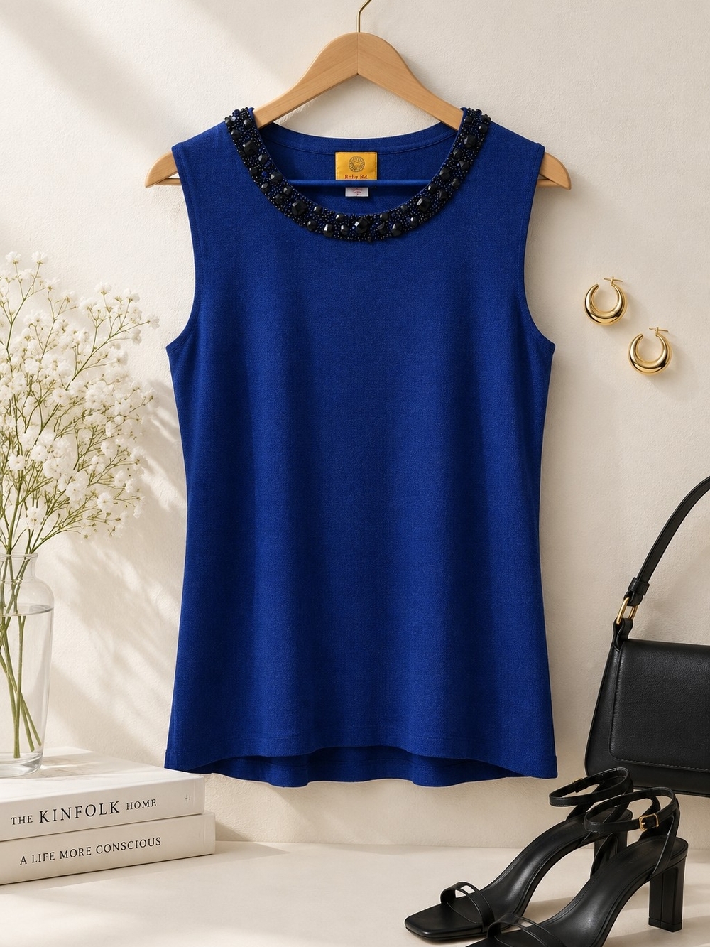 Ruby Rd. Blue Sleeveless Top XL Black Beaded Jeweled Neckline Knit Tank Shirt Wo